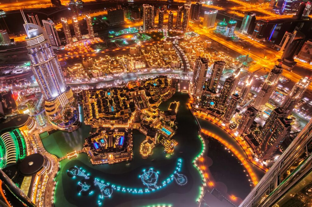 Dubai downtown view by night, Dubai, United Arab Emirates